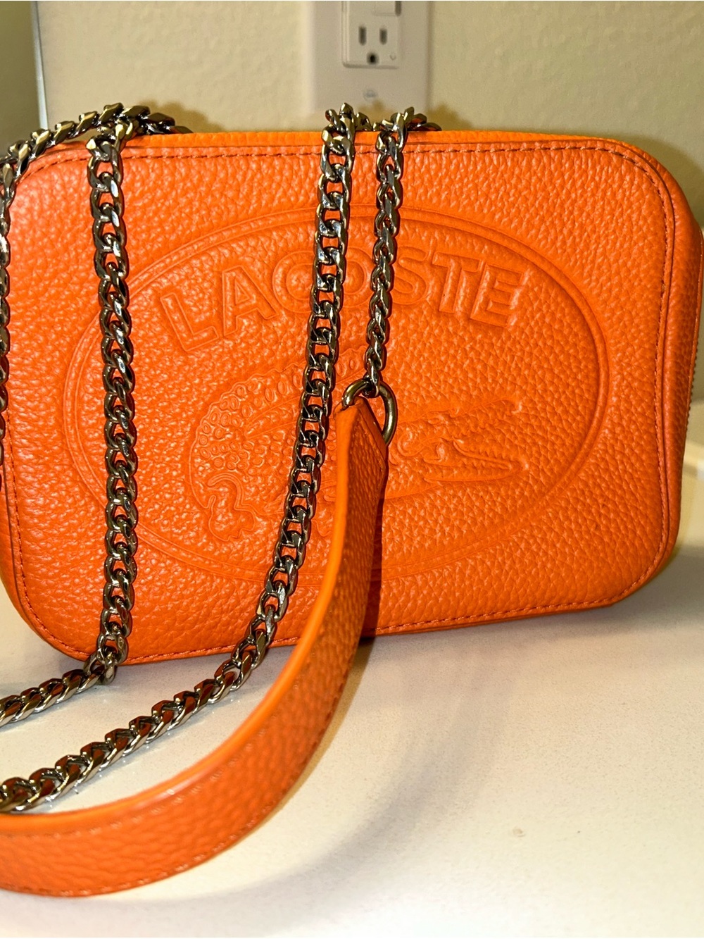 Lacoste Vibrant Orange Croco Crew Leather Chain Crossbody